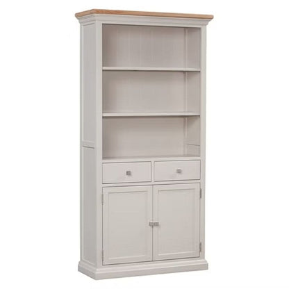 White bookshelf with wooden top on a white background