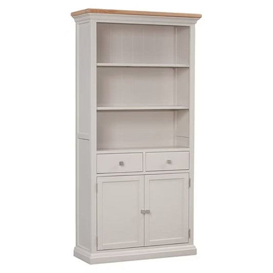 White bookshelf with wooden top on a white background