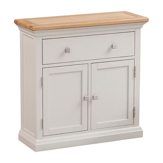 Small White sideboard with wooden top on a white background
