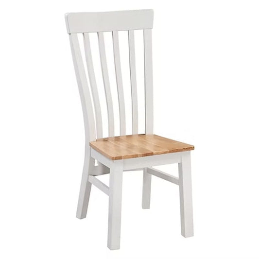 White chair with a wooden seat.