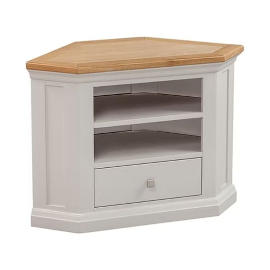 Hexagonal corner TV stand with wooden top and white base on a white background