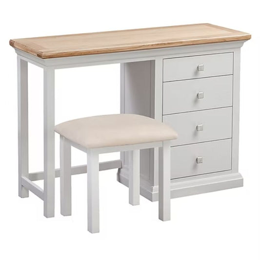 White desk with wooden top and matching stool on a white background