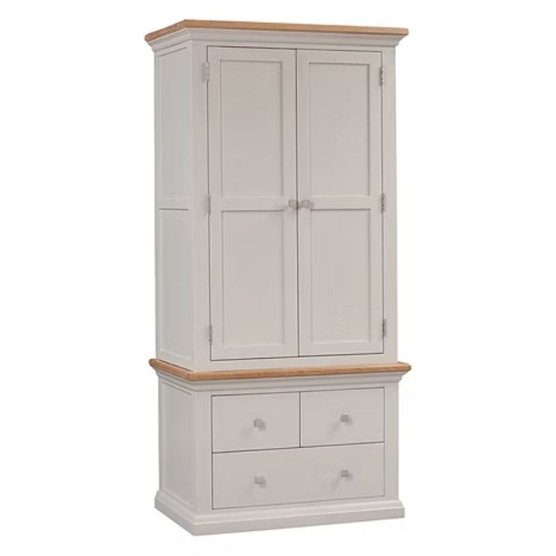 White wardrobe with wooden top and bottom on a white background