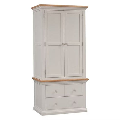 White wardrobe with wooden top and bottom on a white background
