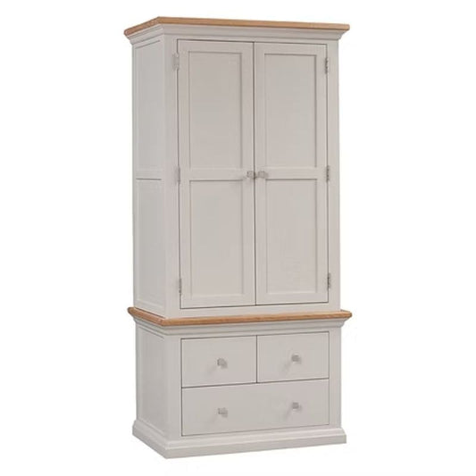 White wardrobe with wooden top and bottom on a white background