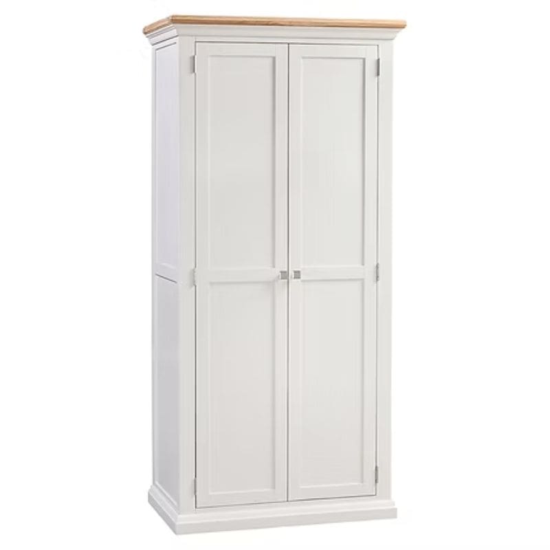White wardrobe with wooden top on a white background