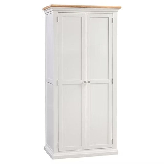 White wardrobe with wooden top on a white background