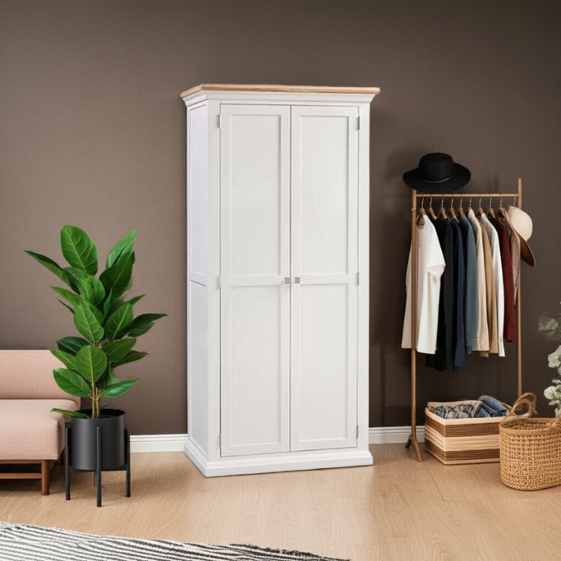 White wardrobe with a clothing rack and plant in a room setting