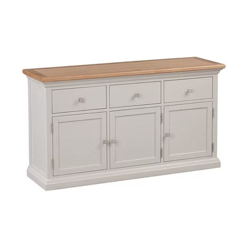 White sideboard with wooden top.