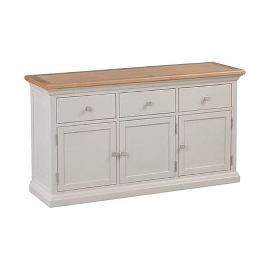 White sideboard with wooden top.