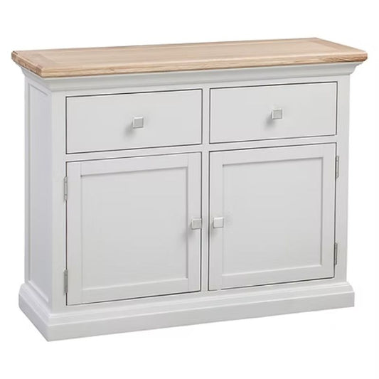 Small White sideboard with wooden top.
