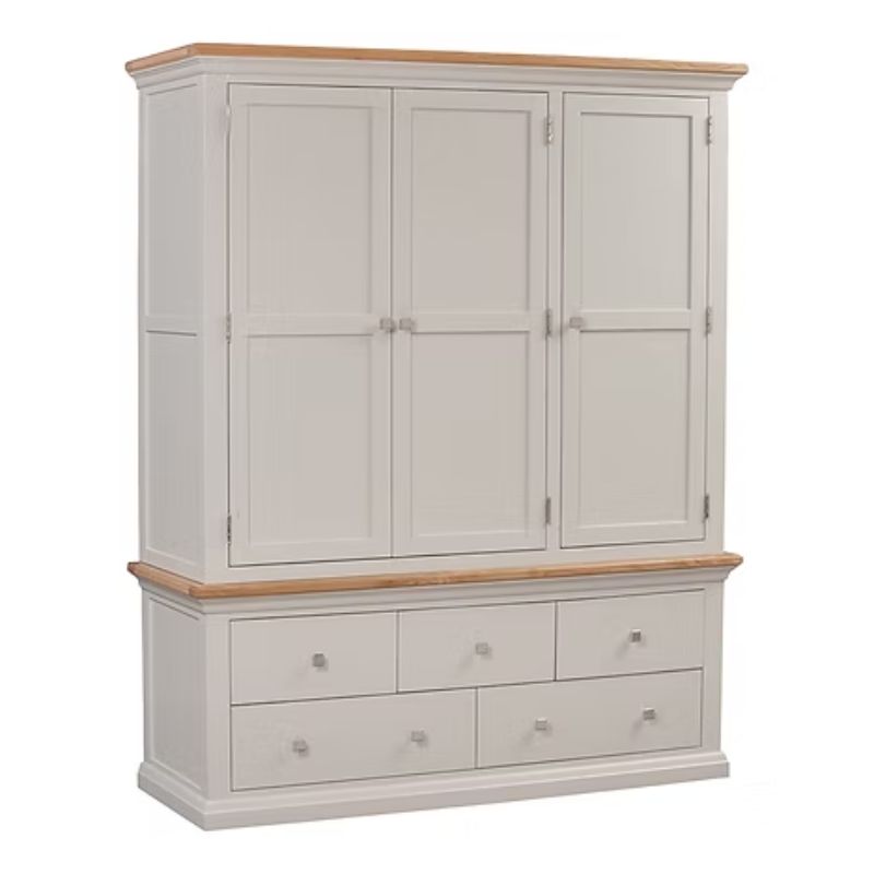 Triple wardrobe with wooden top and gray base on a white background