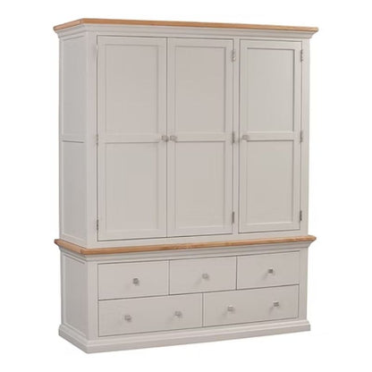 Triple wardrobe with wooden top and gray base on a white background