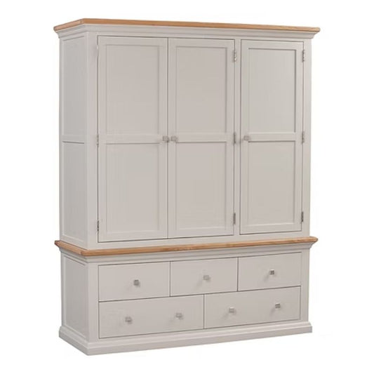 Triple wardrobe with wooden top and gray base on a white background