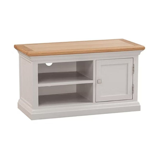 White TV stand with a wooden top on a white background