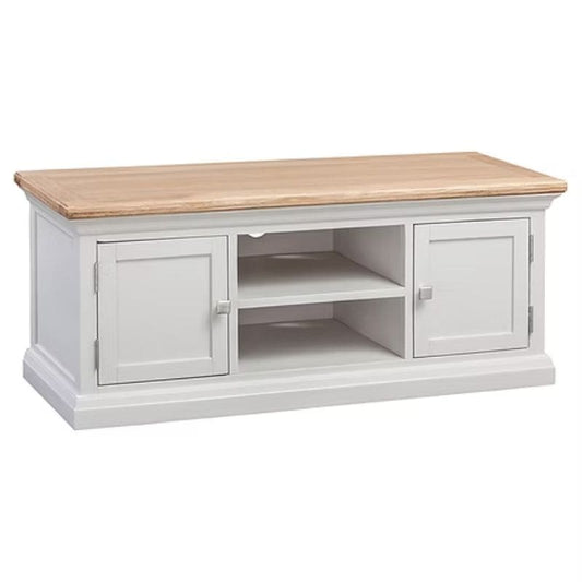 White TV stand with wooden top on a white background