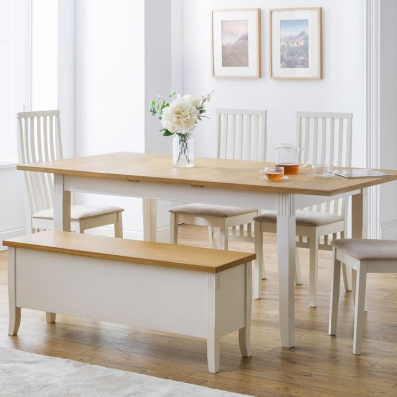 Shop the DAVENPORT Ivory Lacquer Dining bench with Storage w/ Oak Veneer Top. Ideal when you have guests over. Adds elegance to dining area.