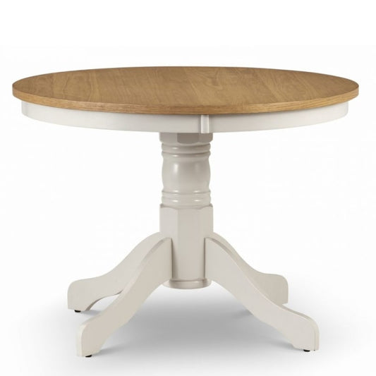Shop DAVENPORT Round Pedestal Table in Ivory & Oak Top for 4 people. Real oak veneers, elegant pedestal and ivory lacquered base.