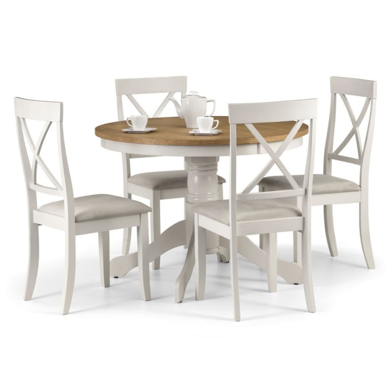 Shop DAVENPORT Round Pedestal Table in Ivory & Oak Top for 4 people. Real oak veneers, elegant pedestal and ivory lacquered base.