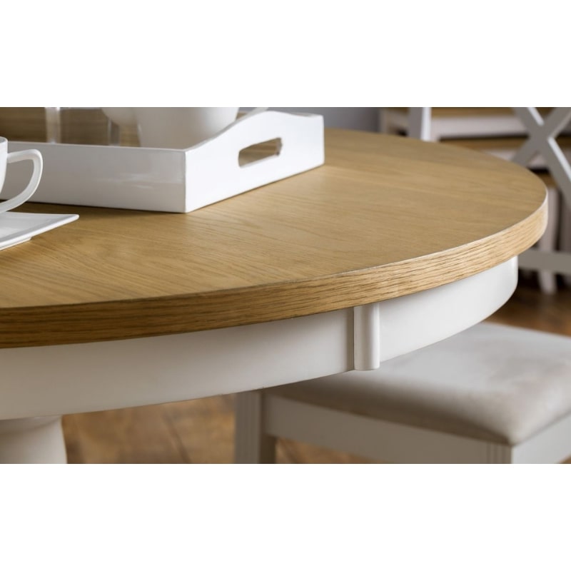 Shop DAVENPORT Round Pedestal Table in Ivory & Oak Top for 4 people. Real oak veneers, elegant pedestal and ivory lacquered base.