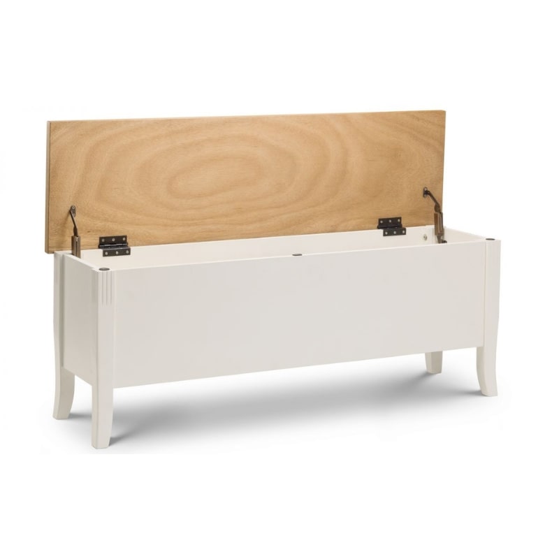 Shop the DAVENPORT Ivory Lacquer Dining bench with Storage w/ Oak Veneer Top. Ideal when you have guests over. Adds elegance to dining area.