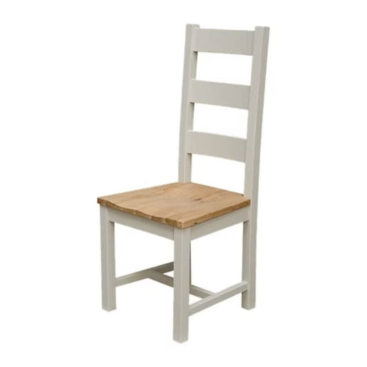 Chair with wooden seat and white frame.