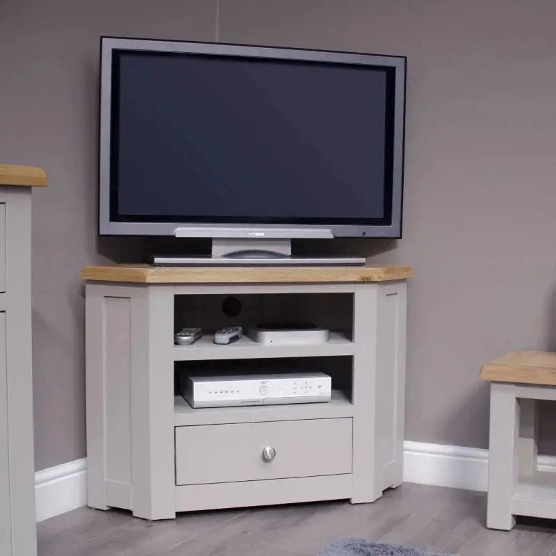 HOMESTYLE GB Grey Corner TV Cabinet with Lacquered Oak Top - White Tree Furniture