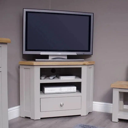 HOMESTYLE GB Grey Corner TV Cabinet with Lacquered Oak Top - White Tree Furniture
