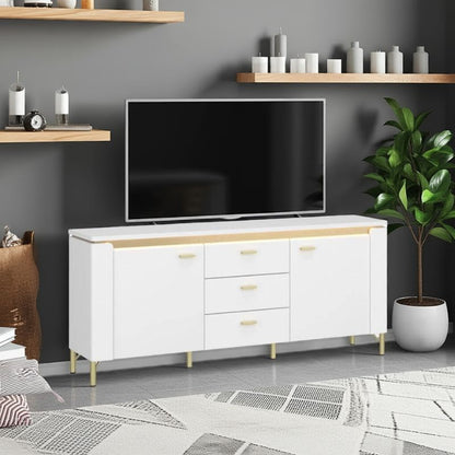 White TV stand with a television on a gray wall with shelves and a plant.
