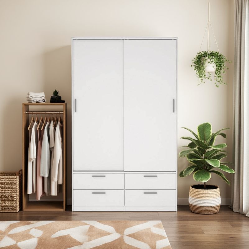 White wardrobe with wooden rack and plant in a room setting