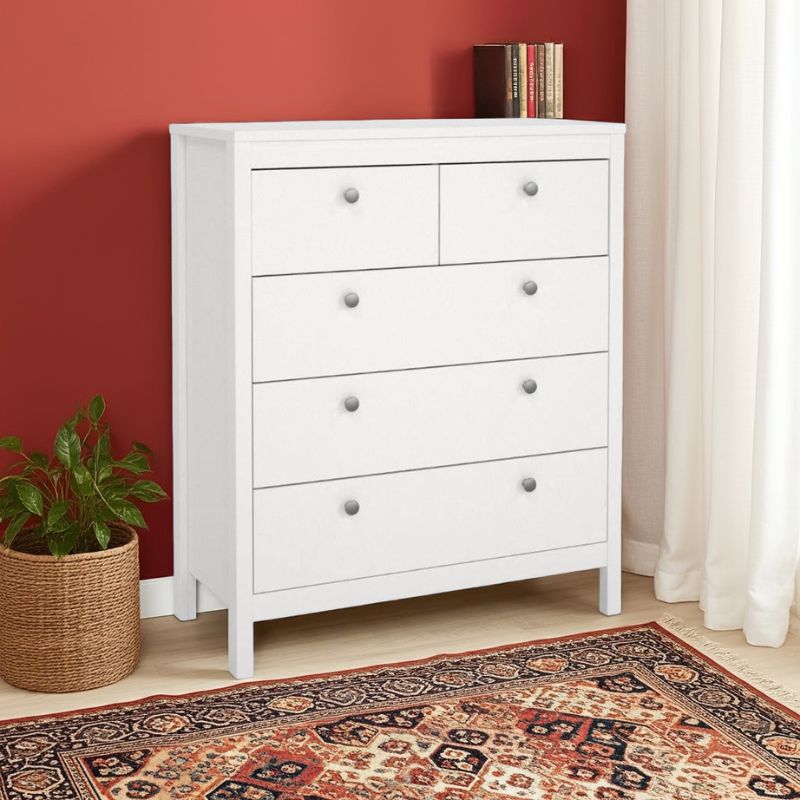 White dresser with multiple drawers against a red wall with a plant and rug in the foreground.