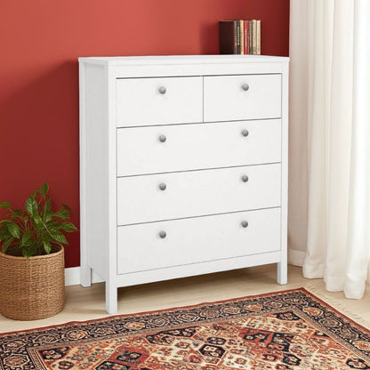 White dresser with multiple drawers against a red wall with a plant and rug in the foreground.
