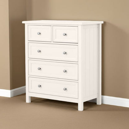 White dresser with multiple drawers against a beige wall.