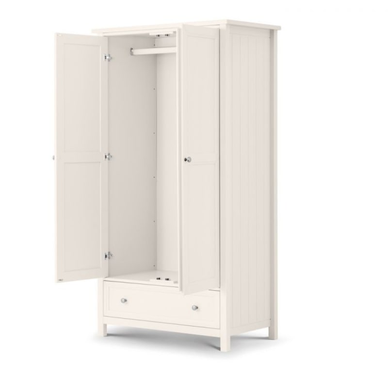 JULIAN BOWEN MAINE Surf White Wardrobe with 2 doors and 1 drawer, featuring a surf white lacquered finish and classic panel detailing. Ideal for bedroom storage and organization.