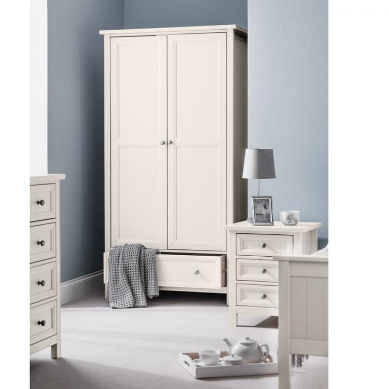 JULIAN BOWEN MAINE Surf White Wardrobe with 2 doors and 1 drawer, featuring a surf white lacquered finish and classic panel detailing. Ideal for bedroom storage and organization.