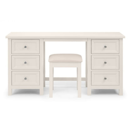 JULIAN BOWEN MAINE Surf White Dressing Table with drawers, featuring a sleek design, matching stool, and tri-fold mirror. Perfect for stylish bedroom storage and vanity needs.