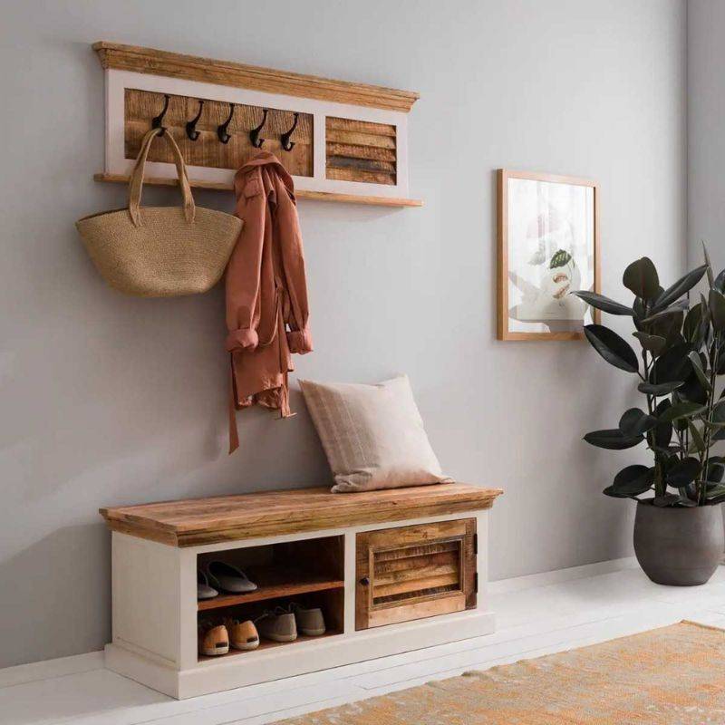 Indian Hub Mango Wood Shoe Storage Bench & 5 Hook Coat Rack MW15 - White Tree Furniture