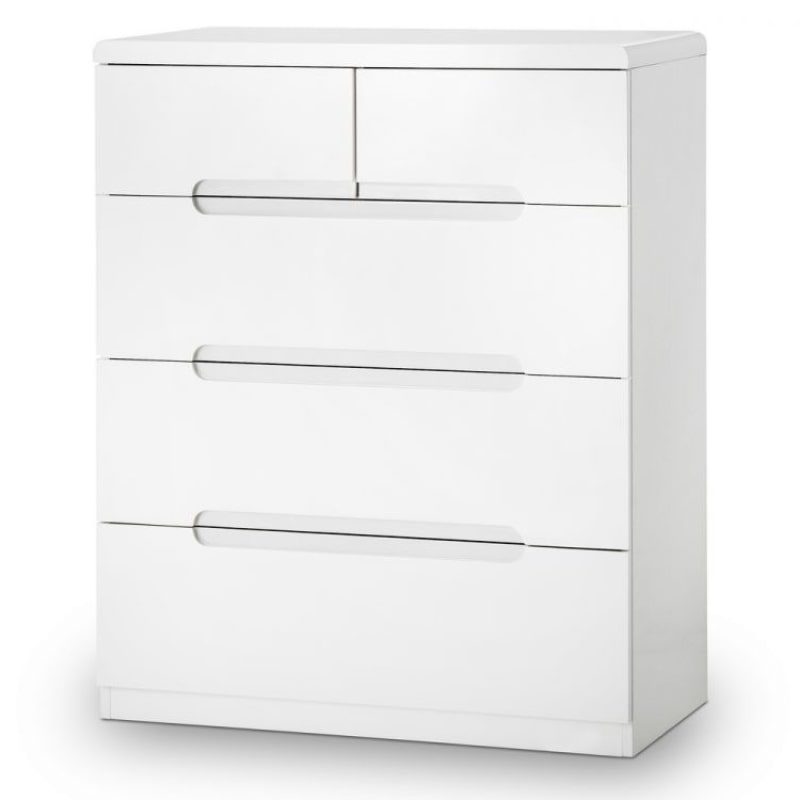 MANHATTAN High Gloss White Bedroom Dresser with 3+2 drawers, featuring a sleek modern design and smooth white finish. Ideal for stylish bedroom storage.