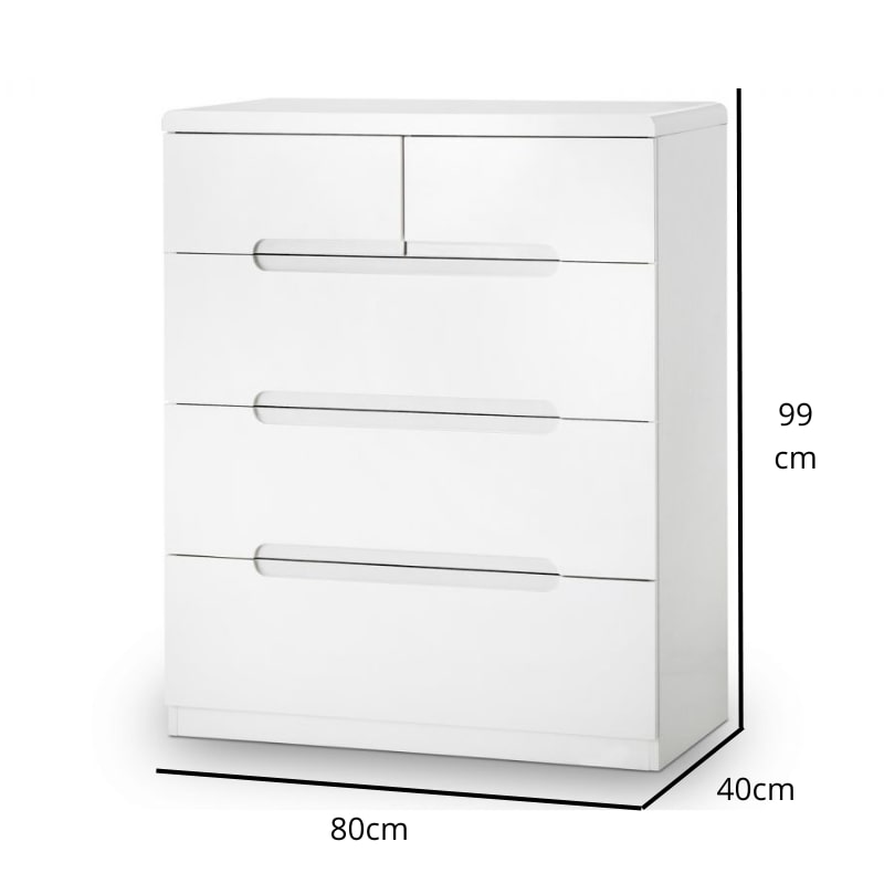 MANHATTAN High Gloss White Bedroom Dresser with 3+2 drawers, featuring a sleek modern design and smooth white finish. Ideal for stylish bedroom storage.