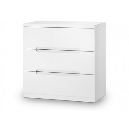 JULIAN BOWEN MANHATTAN High Gloss White 3 Drawer Chest with a sleek modern design. Perfect for bedroom storage and organization.
