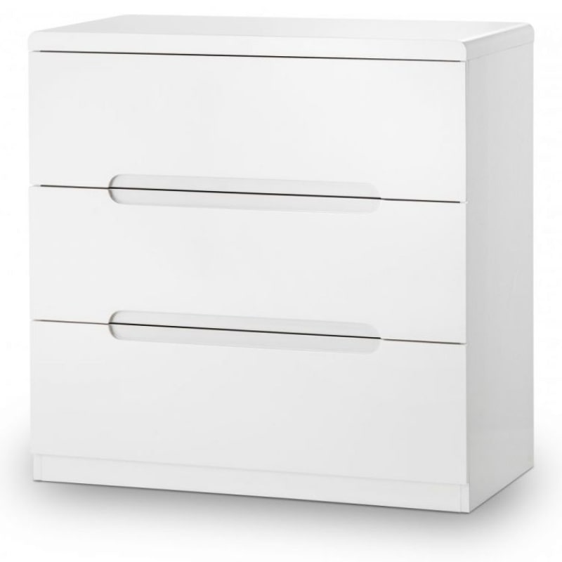 JULIAN BOWEN MANHATTAN High Gloss White 3 Drawer Chest with a sleek modern design. Perfect for bedroom storage and organization.