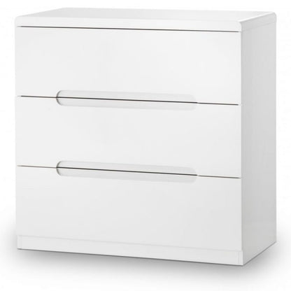 JULIAN BOWEN MANHATTAN High Gloss White 3 Drawer Chest with a sleek modern design. Perfect for bedroom storage and organization.