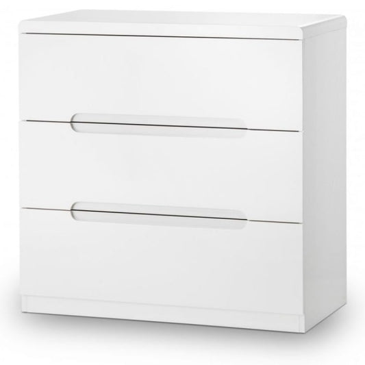JULIAN BOWEN MANHATTAN High Gloss White 3 Drawer Chest with a sleek modern design. Perfect for bedroom storage and organization.