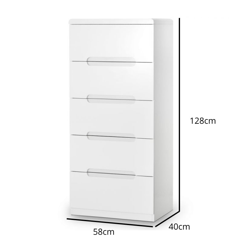 JULIAN BOWEN MANHATTAN High Gloss White Narrow Chest of 5 Drawers MAN204