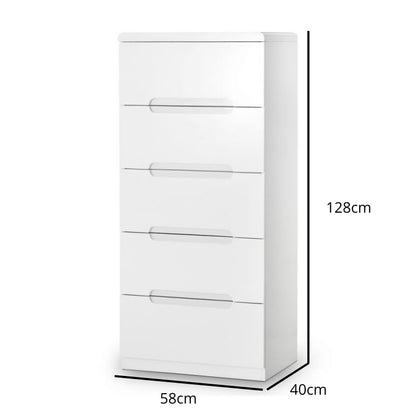 JULIAN BOWEN MANHATTAN High Gloss White Narrow Chest of 5 Drawers MAN204