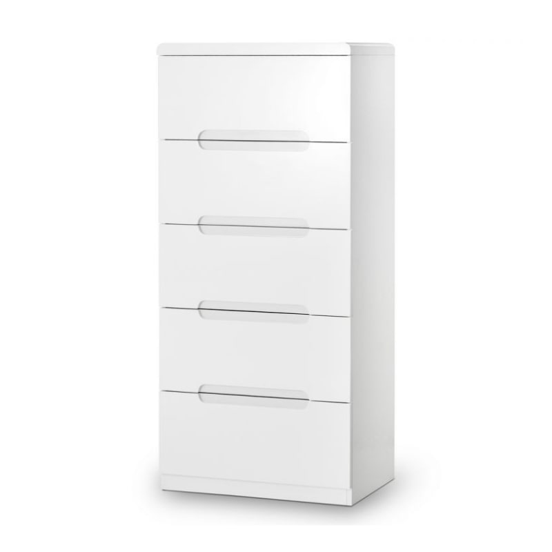 JULIAN BOWEN MANHATTAN High Gloss White Narrow Chest of 5 Drawers MAN204