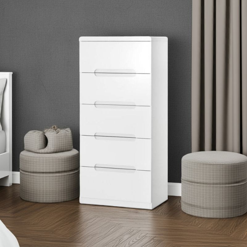 White dresser with gray ottomans against a gray wall
