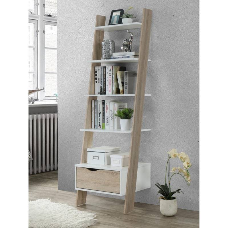 Mapleton Tall Ladder Bookcase in White & Oak Effect - White Tree Furniture