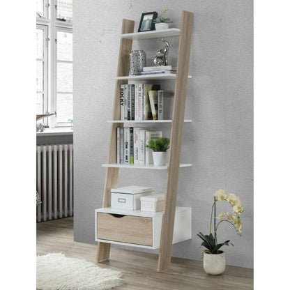Mapleton Tall Ladder Bookcase in White & Oak Effect - White Tree Furniture