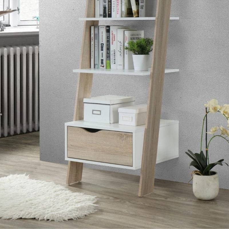 Mapleton Tall Ladder Bookcase in White & Oak Effect - White Tree Furniture